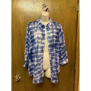 CHICO'S size 2 (L) BLOUSE Semi Sheer 3/4 Sleeve Button Closure BLUE WHITE F24